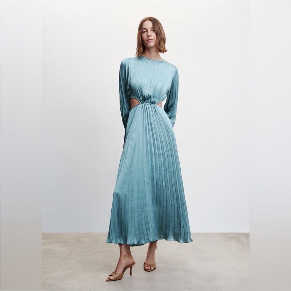 Mango Pleated Statin Long Sleeve Teal Dress